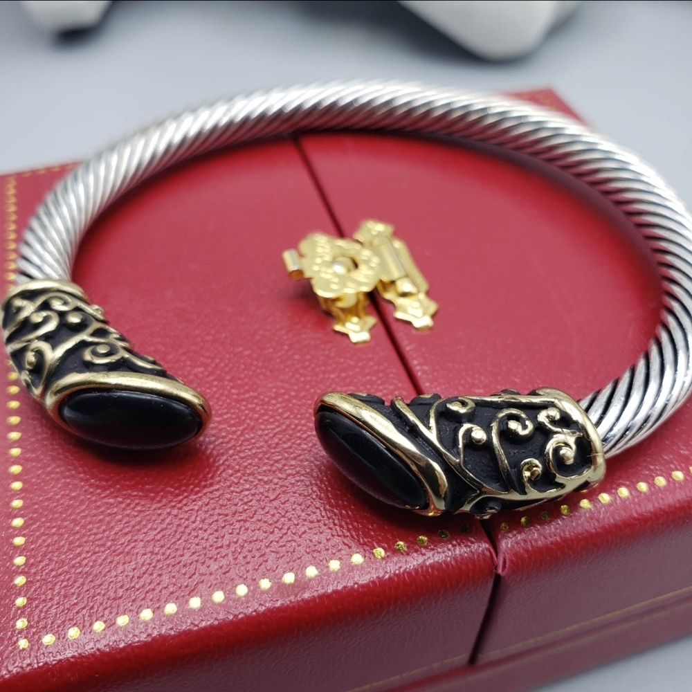 Silver & Gold Cable Cuff Bracelet w/ Black Cabachon Details -Abstract Industrial